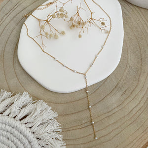 collier cravate perles - plaqué or