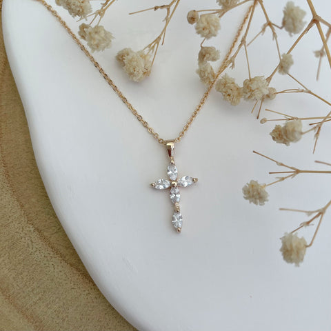 collir & pendentif Croix - plaqué or & zirconium